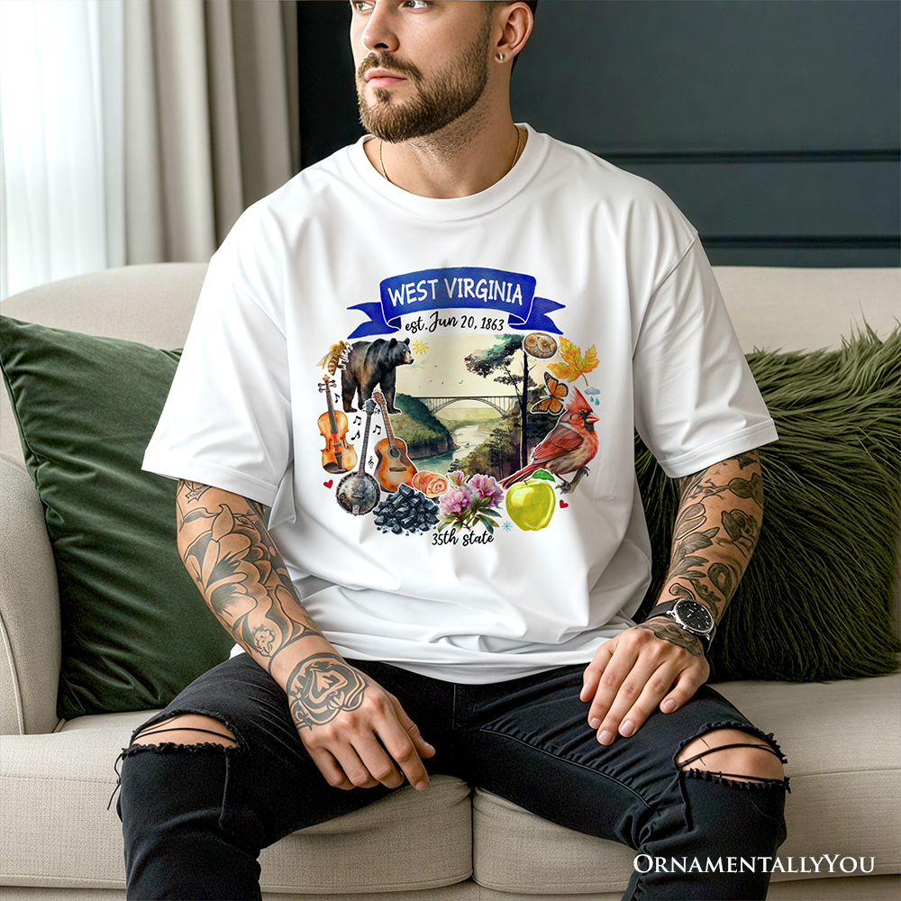 Artistic West Virginia State Themes and Landmarks T-Shirt, Tee for History and Travel Lovers