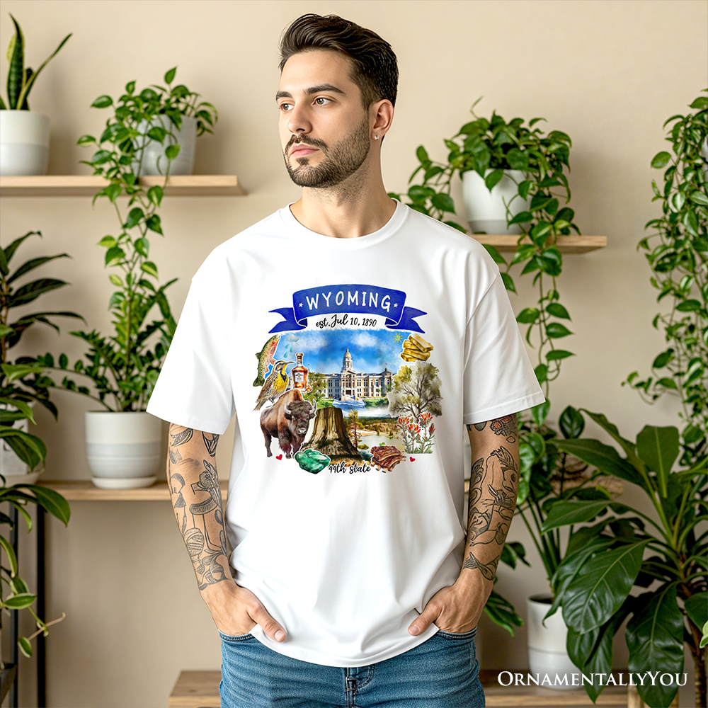 Artistic Wyoming State Themes and Landmarks T-Shirt, Tee for History and Travel Lovers