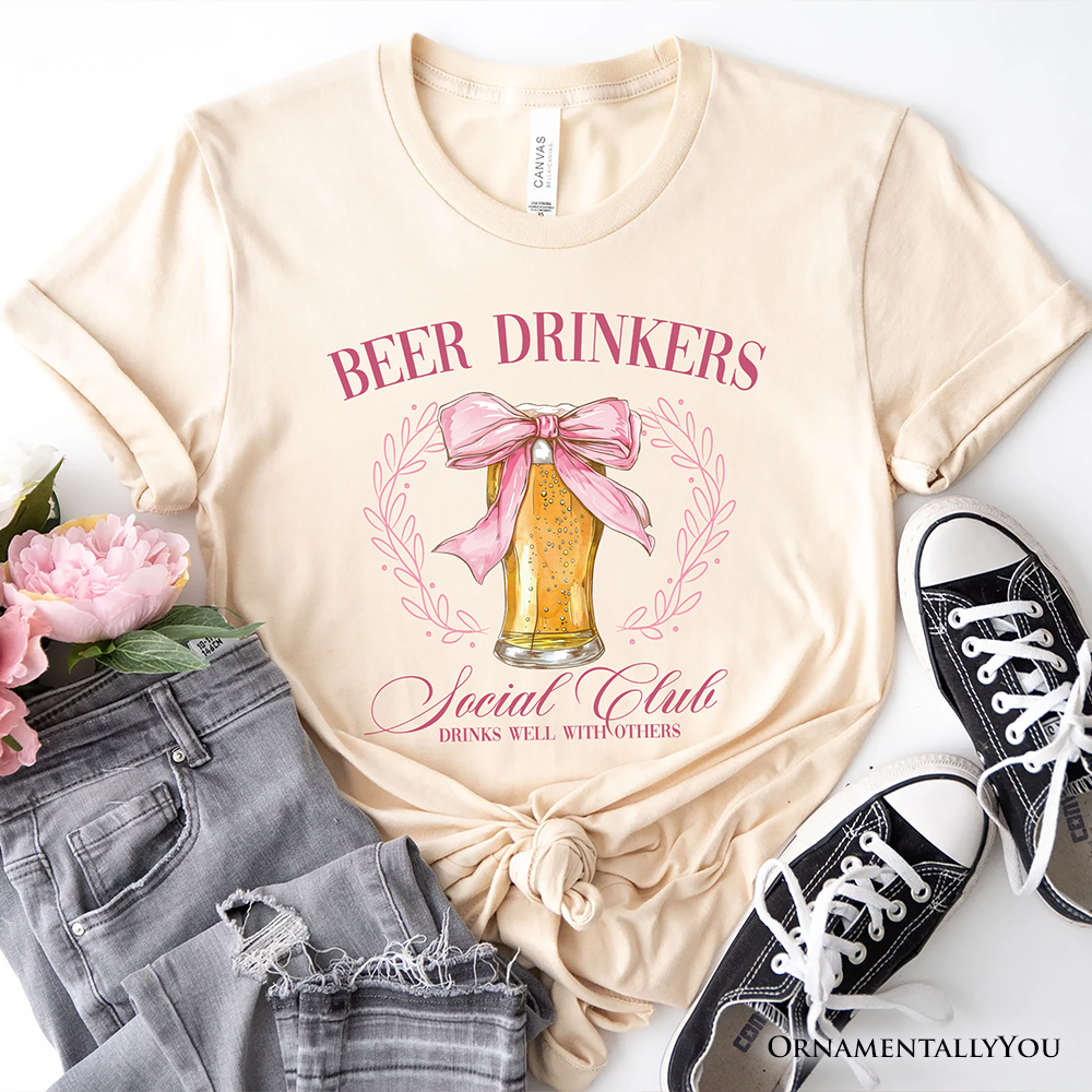 Beer Drinkers Social Club T-Shirt, Coquette Pink Bow Tee for Girly Summer Bachelorette Vibes