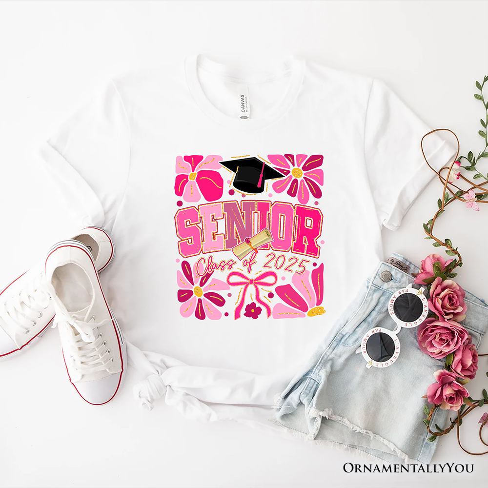 Boho Senior 2025 T-Shirt, Pink Floral Graduation White Tee for Proud and Stylish Students
