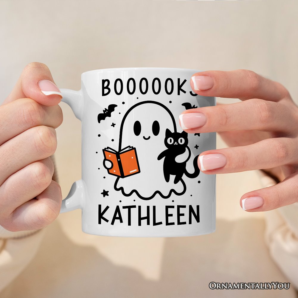 Boooooks and Purrs, Personalized Halloween Mug, Cute Books and Cats Lover Ghost Gift with Custom Name