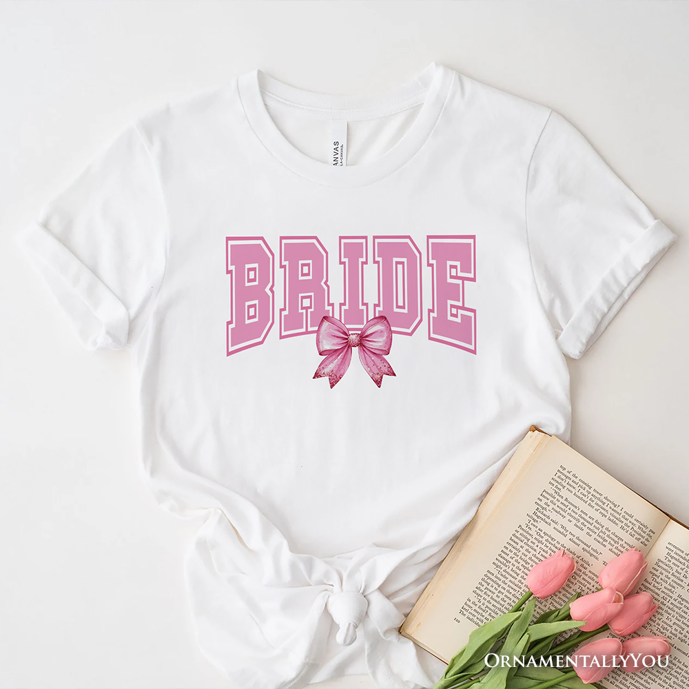 Coquette Bride T-Shirt, Pink Bow White Tee for Stylish Brides