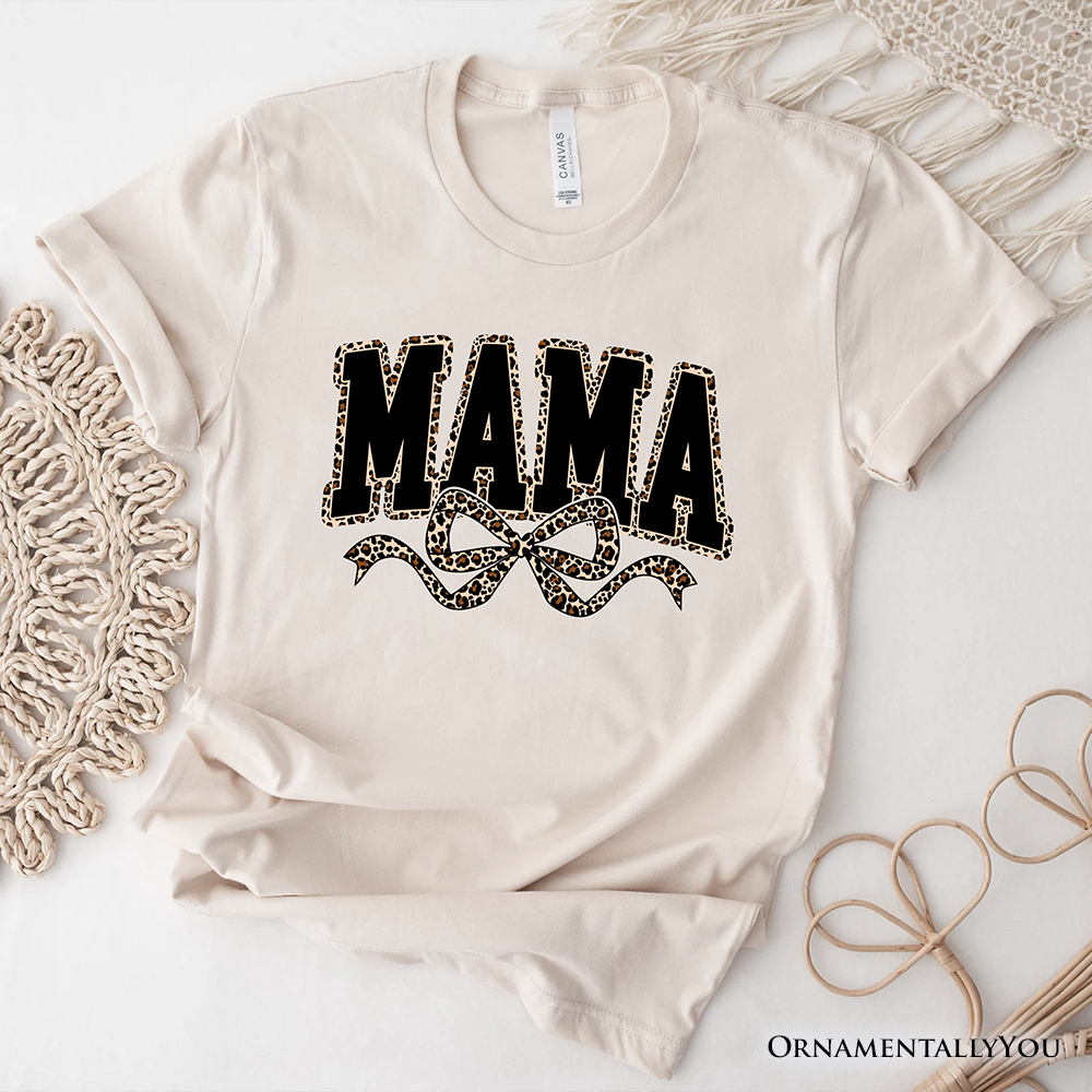 Coquette Leopard Mama T-Shirt, Retro Bow Varsity Tee for Trendy Moms