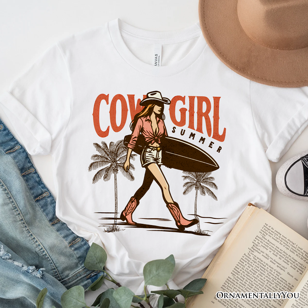Cowgirl Summer Surf T-Shirt, Retro Western Beach White and Natural Tee for Free-Spirited Women