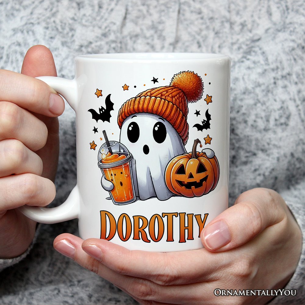 Cute Ghost with Coffee Drink, Personalized Halloween Mug, Fun Boujee Gift with Custom Name