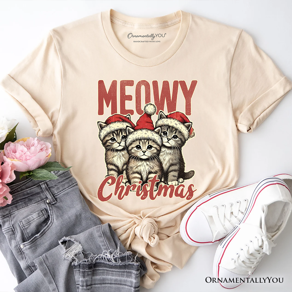 Cute Meowy Christmas T-Shirt, Baby Cat In Santa Hat Holiday Tee