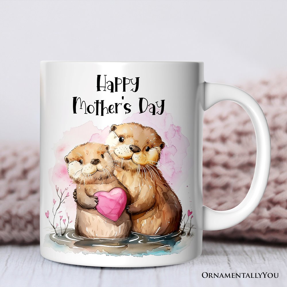 Cute Otters Mother’s Day Themed Custom Mug, Personalized Art Animal Mom and Daughter Gift