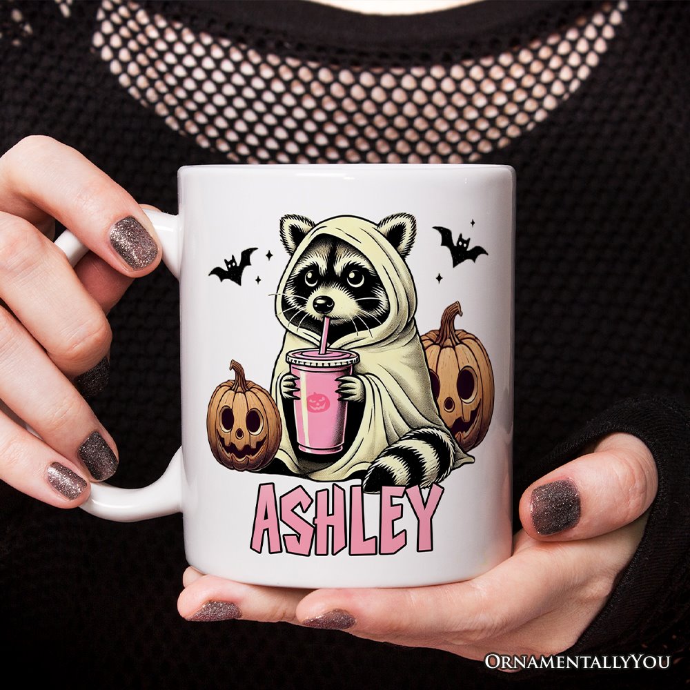 Cute Racoon Drinking Cup, Personalized Mug, Retro Halloween Gift with Custom Name