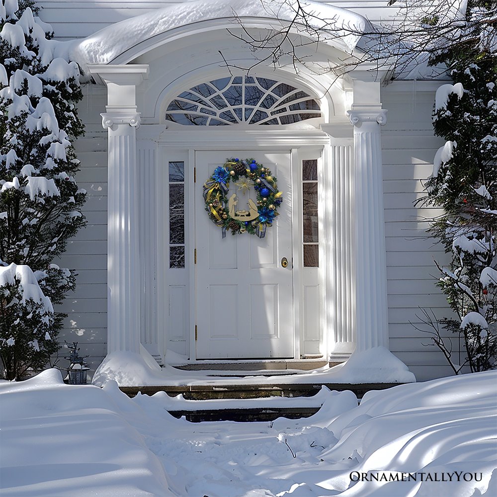 Decorous Nativity Christmas Wreath, Blue and Gold Ribbons and Poinsettias Birth of Christ Door Decoration
