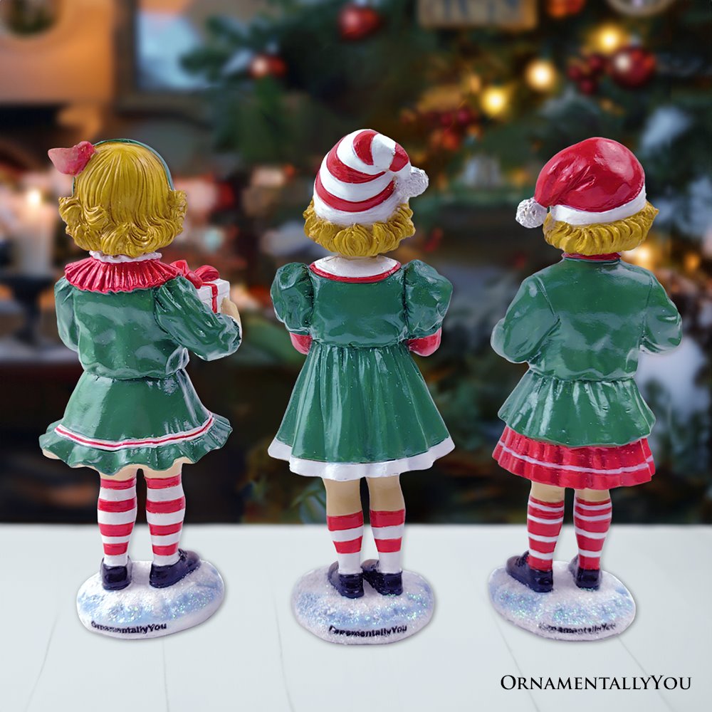 Elegant Victorian Christmas Girl Set of Three Figurines, 6" Holiday Home Decor