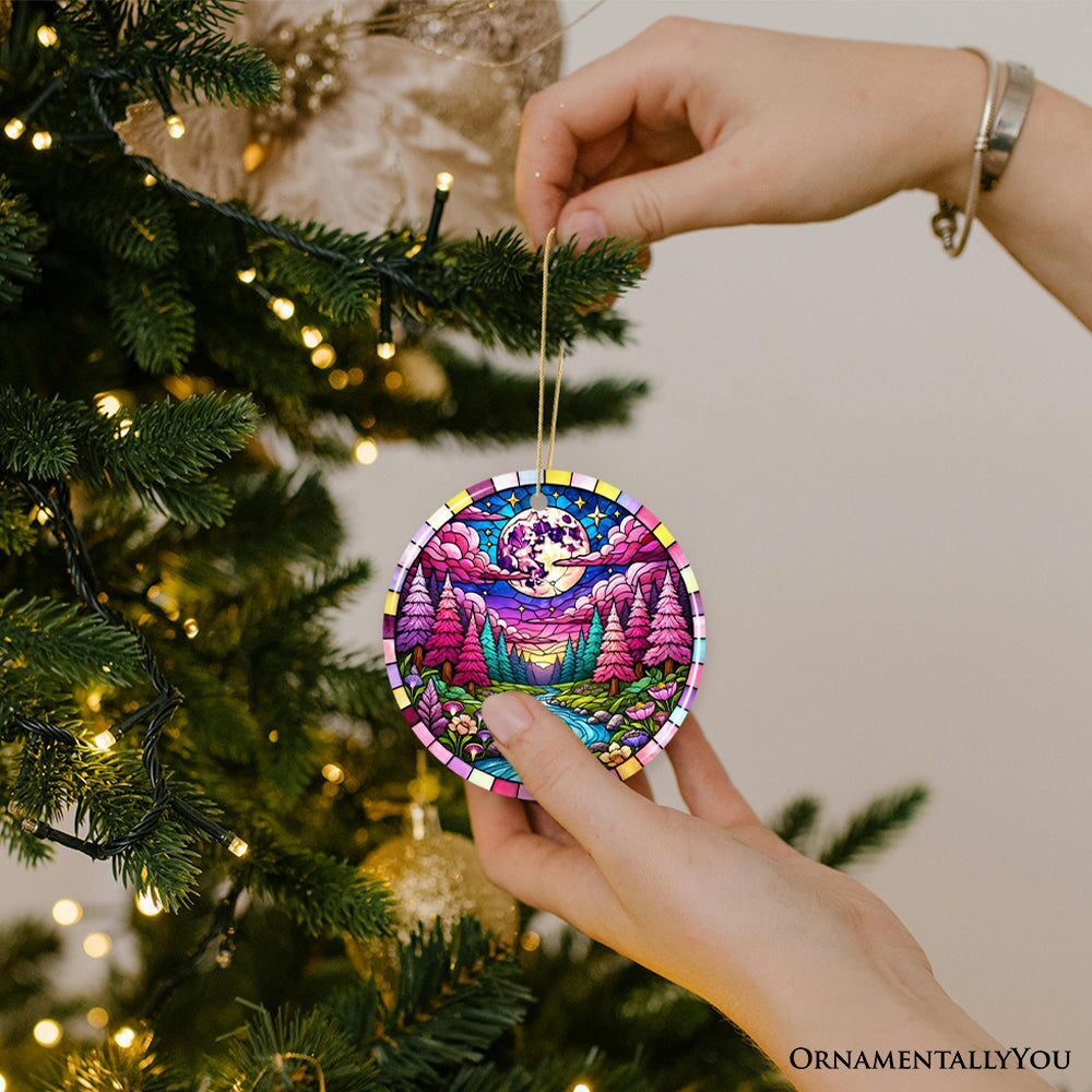 Enchanted Forest Glow Pink Themed Ornament, Mystical Moonlit Landscape Gift and Decor