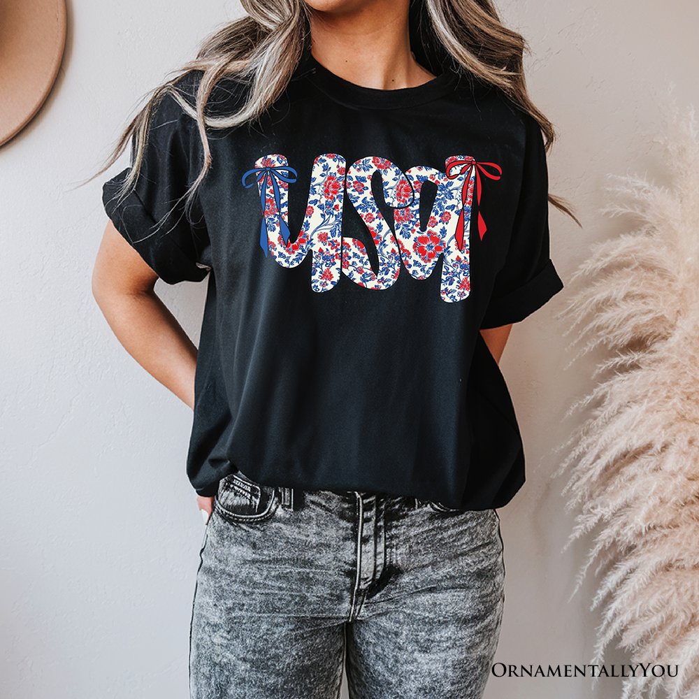 Floral USA Patriotic T-Shirt, 4th of July White, Natural and Black Tee for Stylish Women