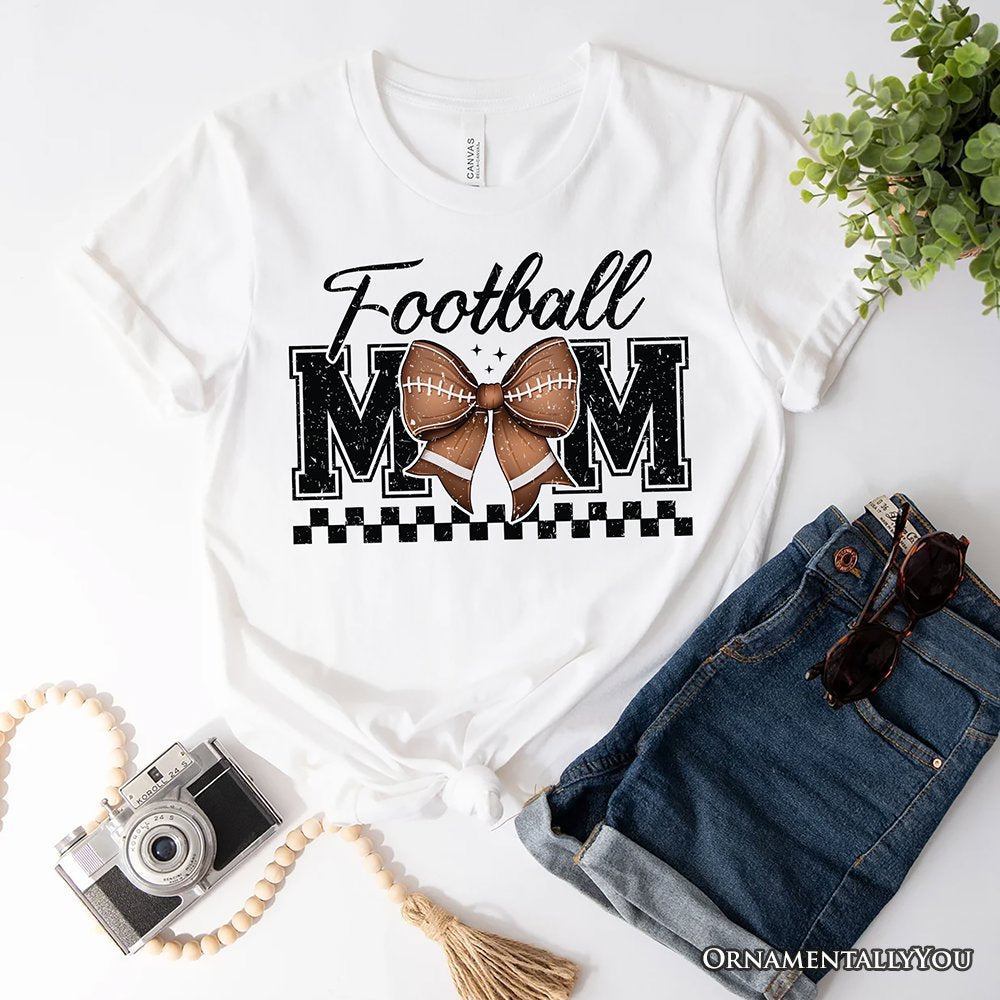 Football Mom Coquette Bow Retro T-Shirt, Stylish Game Day White Tee for Trendy and Proud Sports Mothers