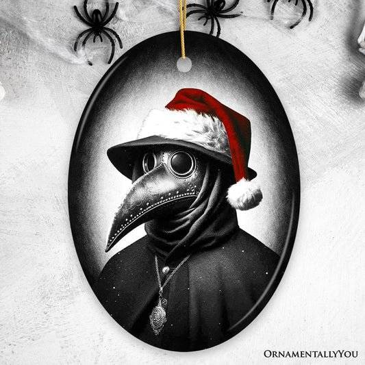 Grim Plague Doctor With Santa Hat Ceramic Ornament, Dark Christmas Keepsake for Halloween Tree