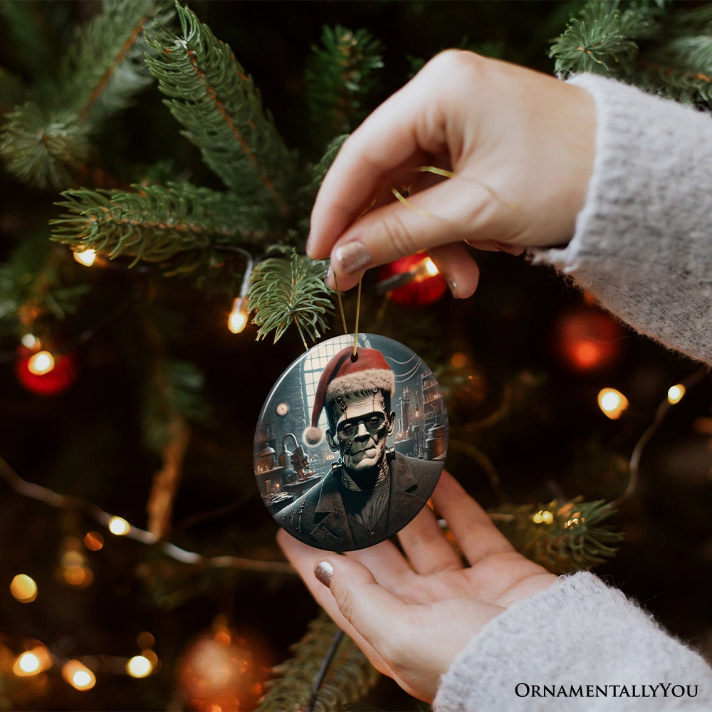 Grotesque Frankenstein with Santa Hat Ornament, Spooky Holiday Gift for Horror Fans