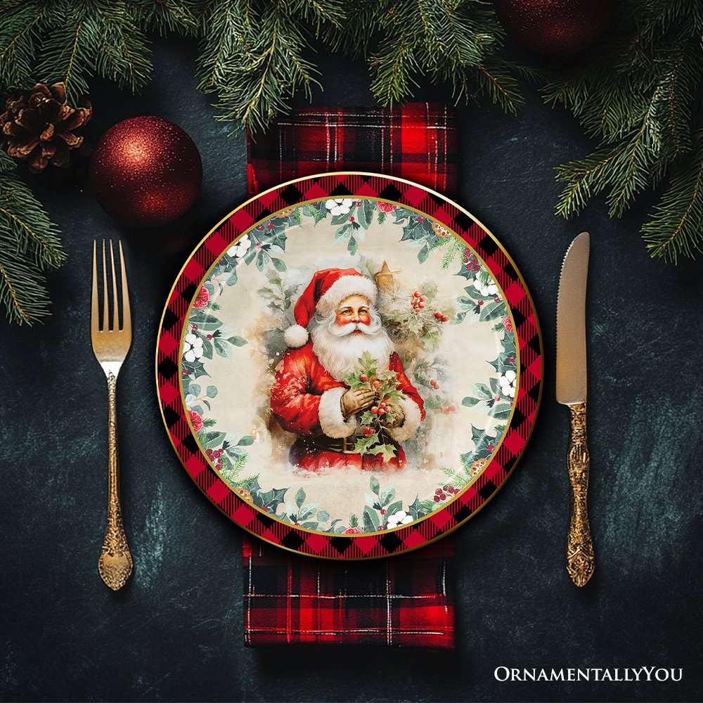 Decor Steals Special - Holiday Cheer Set of 4 Plates with Real Gold Plaid Trim, Christmas Tableware Collection for Salad, Dessert, Appetizer, and Side Plates