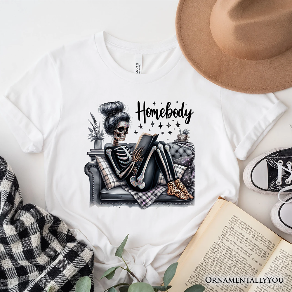 Homebody Reading Skeleton T-Shirt, Funny Lazy Selfcare Tee for Introvert Women