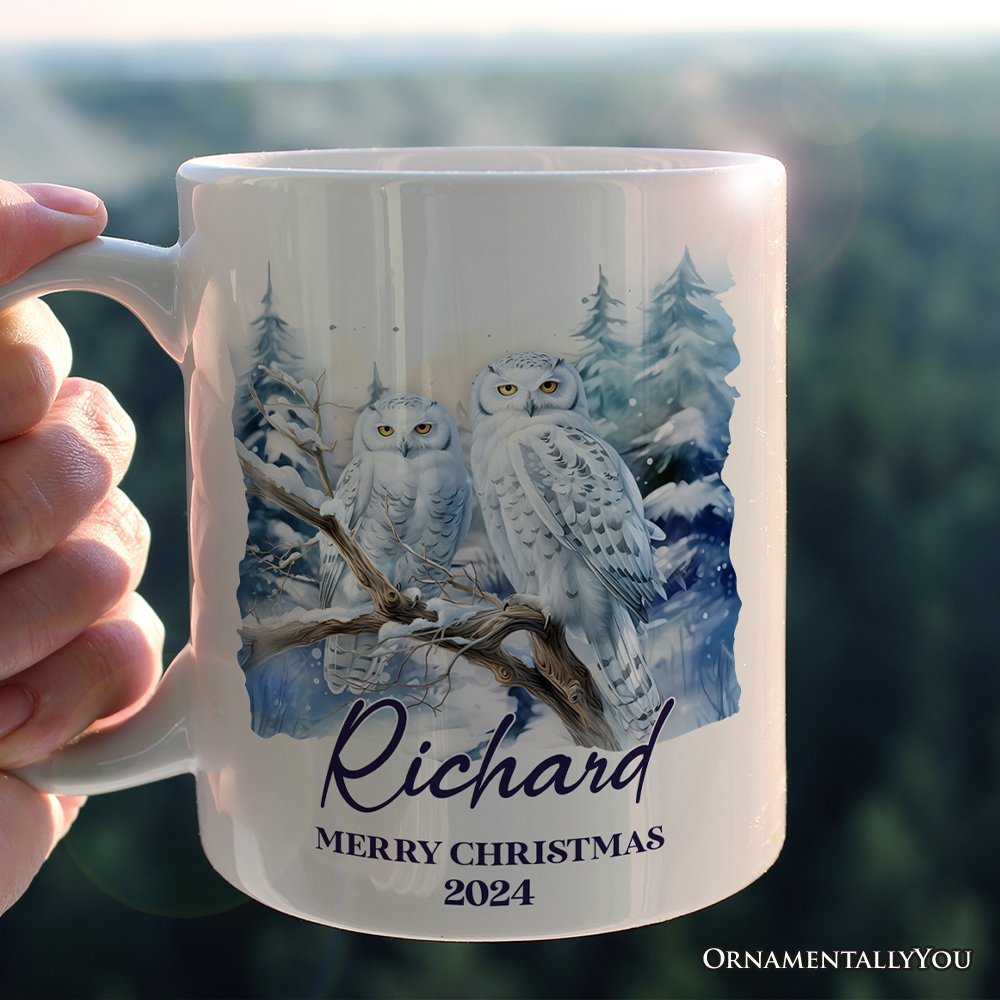 Snowy Owl Personalized Mug, Grand Arctic Majesty Christmas Gift With Custom Name and Date
