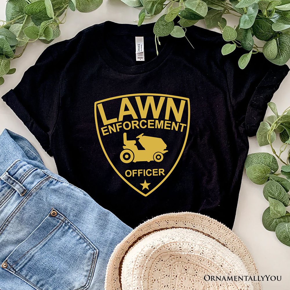 Lawn Enforcement Officer T-Shirt, Funny Badge Style Navy and Black Tee for Lawn Mower Gardener Dad