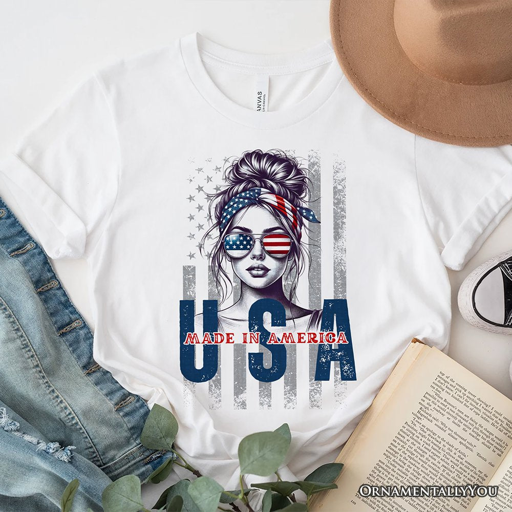 Made in America Messy Bun T-Shirt, Retro 4th of July White Patriotic Tee