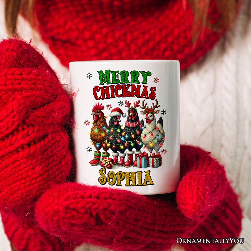 Merry Chickmas Personalized Mug, Farmhouse Christmas Custom Chickens Gift