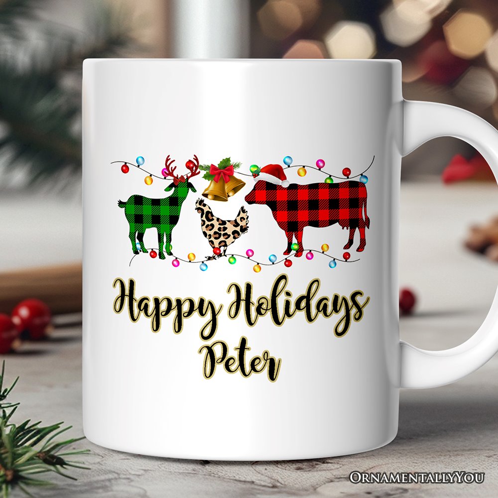 Personalized Mug Farm Animal Buffalo Plaid Christmas, Farmhouse Gift