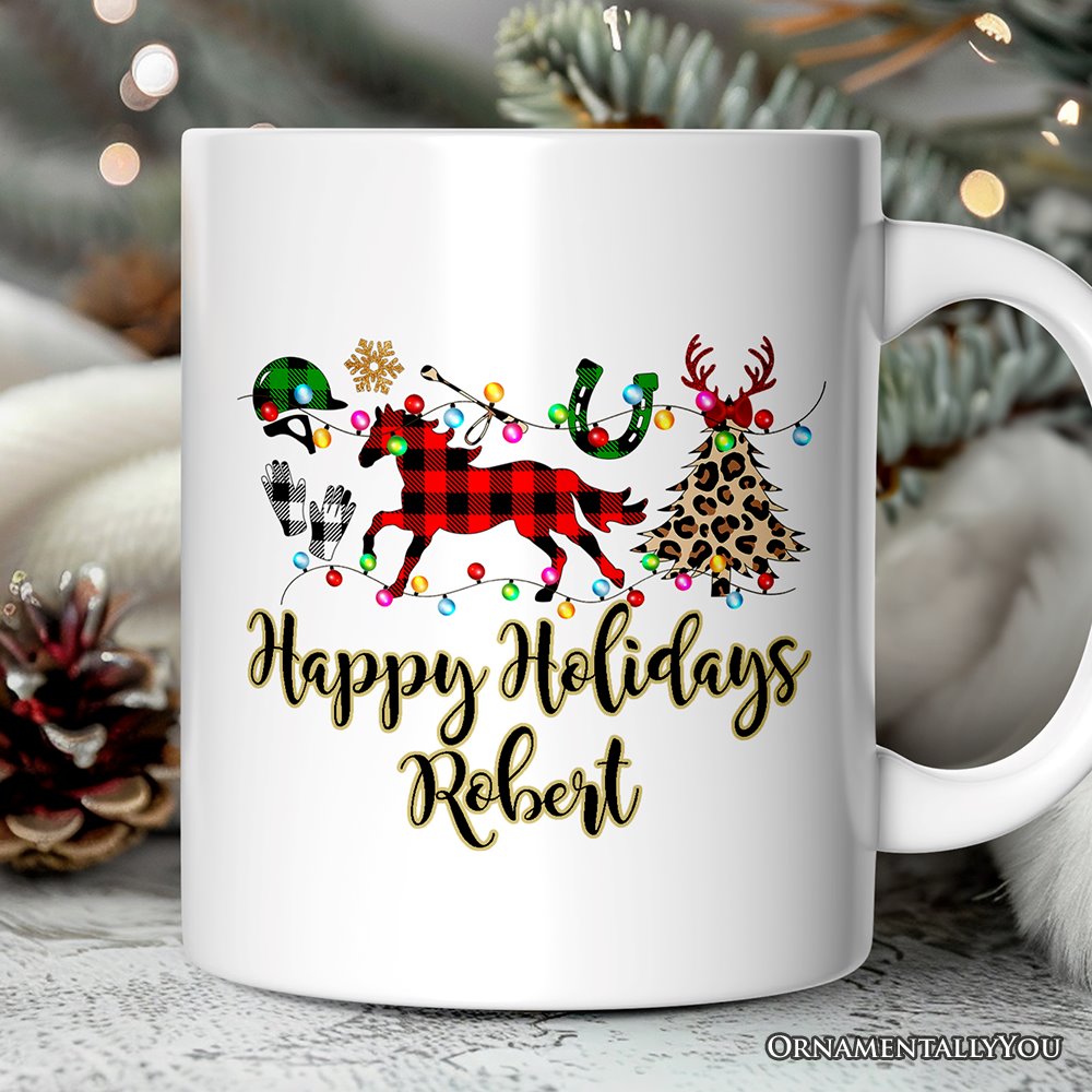 Personalized Mug Horse Buffalo Plaid Christmas, Equestrian Gift