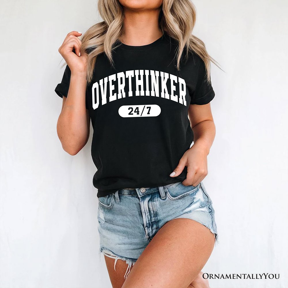 Over Thinker 247 T-Shirt, Minimalist Collegiate White, Natural and Black Tee for Tired Women