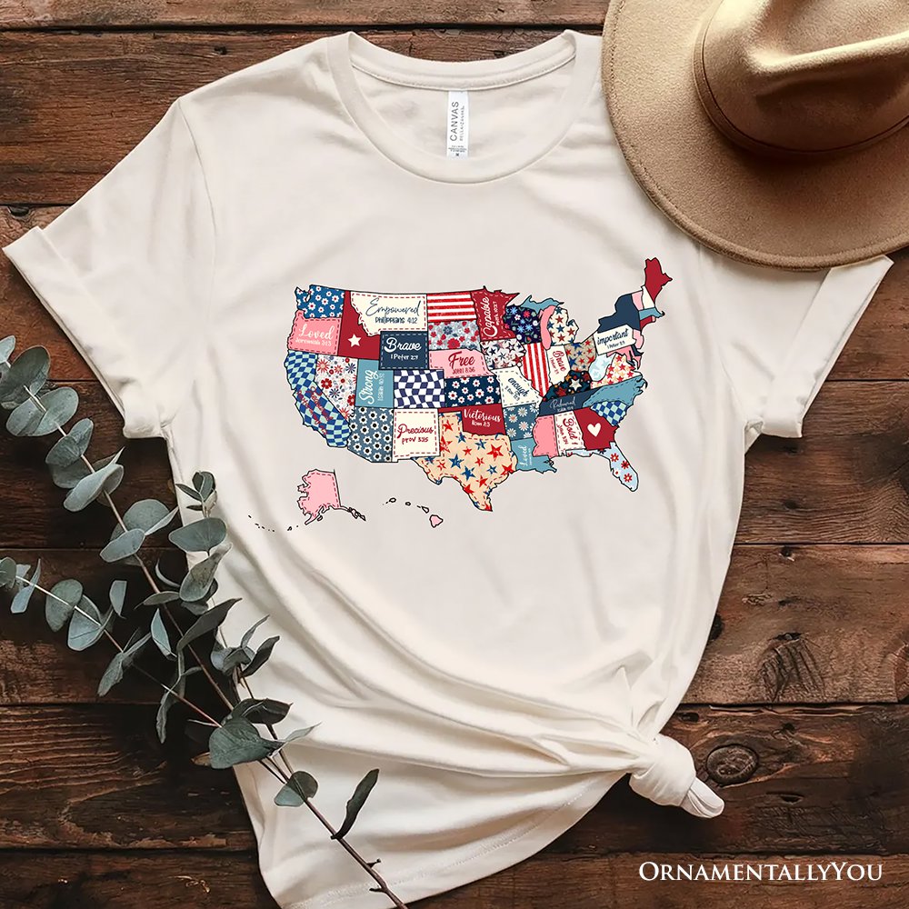 Patriotic Patchwork USA T-Shirt, Quilted Map Tee for Americana Fans