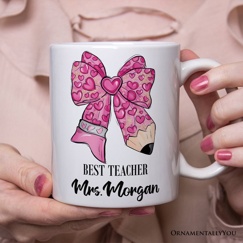 Pencil Coquette Teacher Bow Personalized Mug, Cute Appreciation Present, Back To School Gift With Custom Name