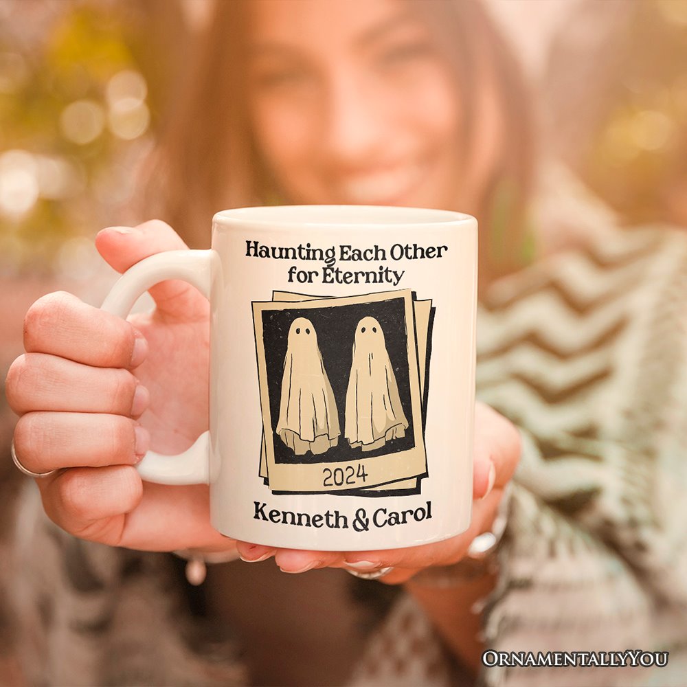 Retro Ghost Picture Haunting Eachother for Eternity, Personalized Mug, Vintage Halloween Gift for Couples