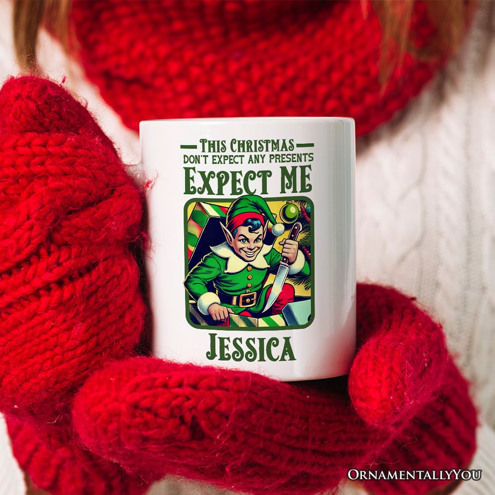 Retro Killer Elf Christmas Personalized Mug, Funny Vintage Gift with Custom Name