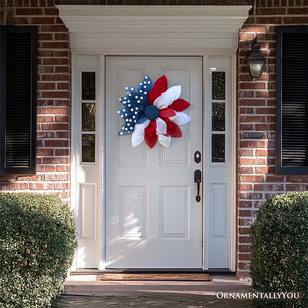 Rustic Burlap Patriotic 22" Wreath, American Flag Style 4th of July Front Door Home Decor