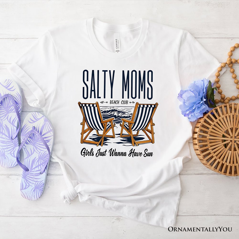 Salty Moms Beach Club T-Shirt, Retro White Tee for Cool Summer Mothers
