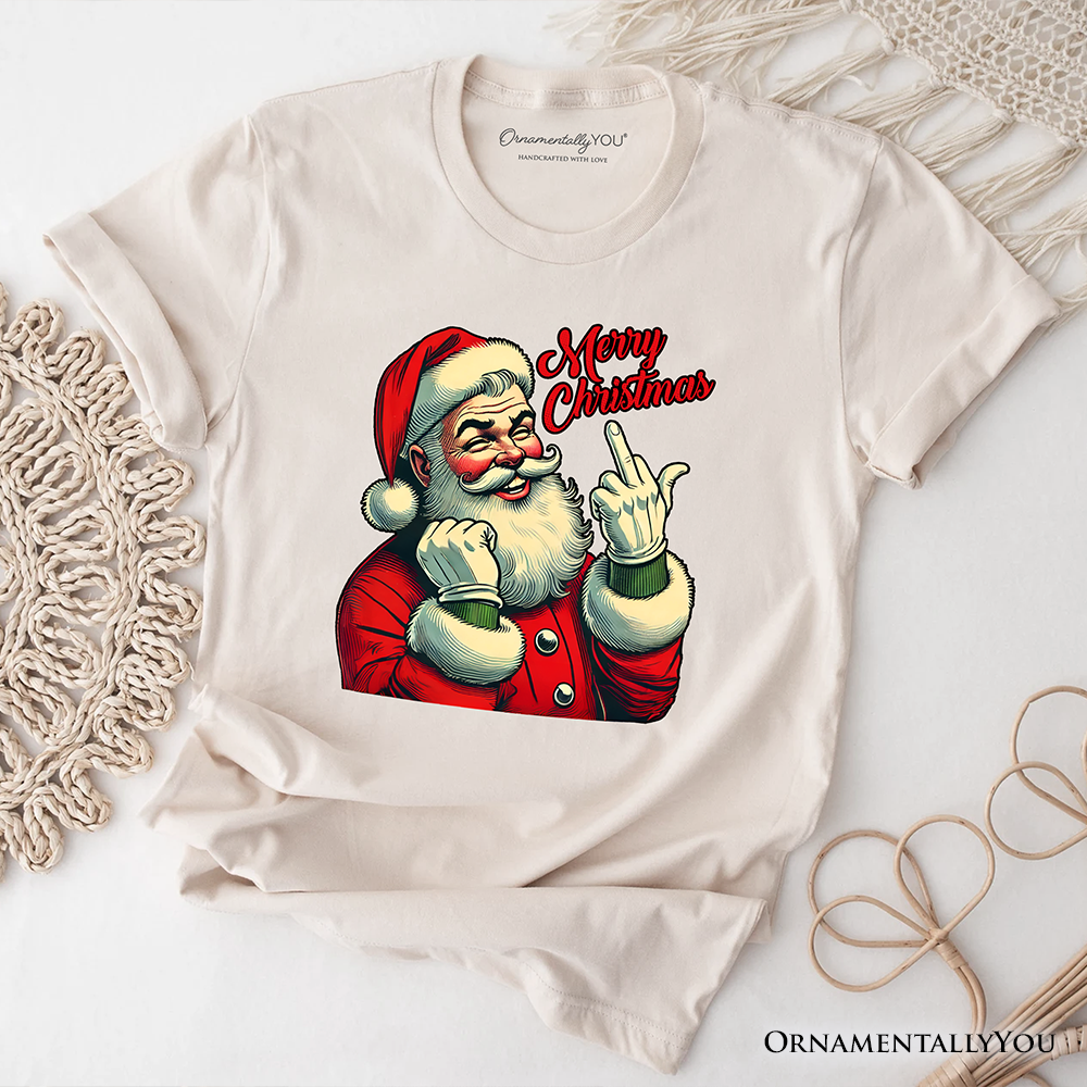 Santa Middle Finger Christmas T-Shirt, Vintage Funny Tee for Naughty Holiday Humor