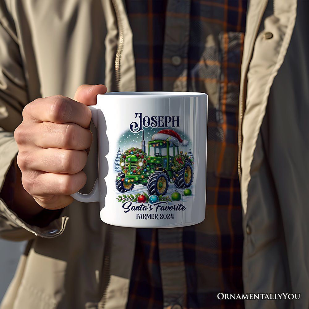 Santa's Favorite Farmer Personalized Mug, Christmas Green Tractor Gift with Custom Name