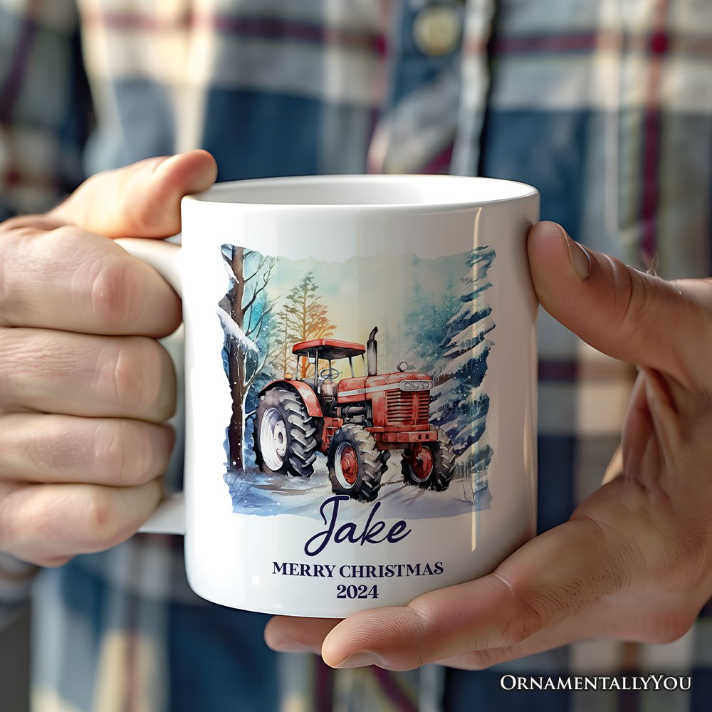 Vintage Tractor Personalized Mug, Pristine Snowy Serenity Christmas Gift With Custom Name and Date