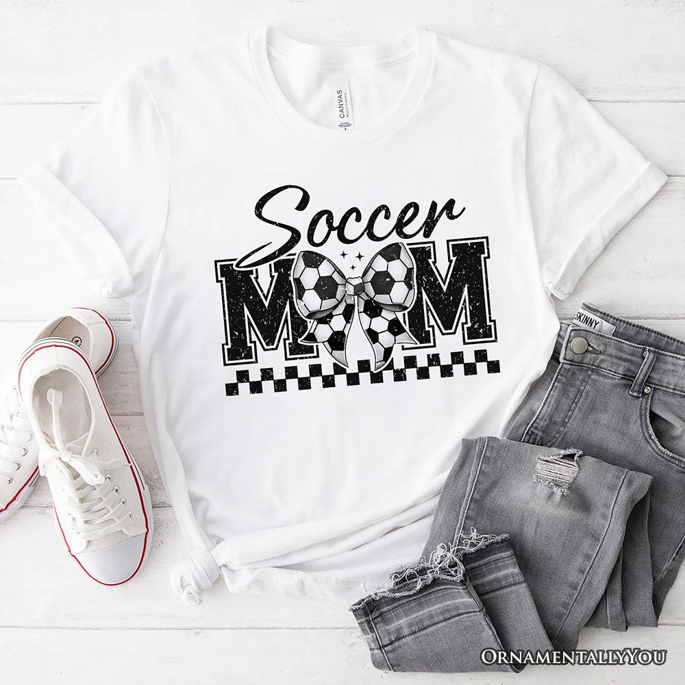 Soccer Mom Coquette Bow Retro T-Shirt, Stylish Game Day White Tee for Trendy and Proud Sports Mothers