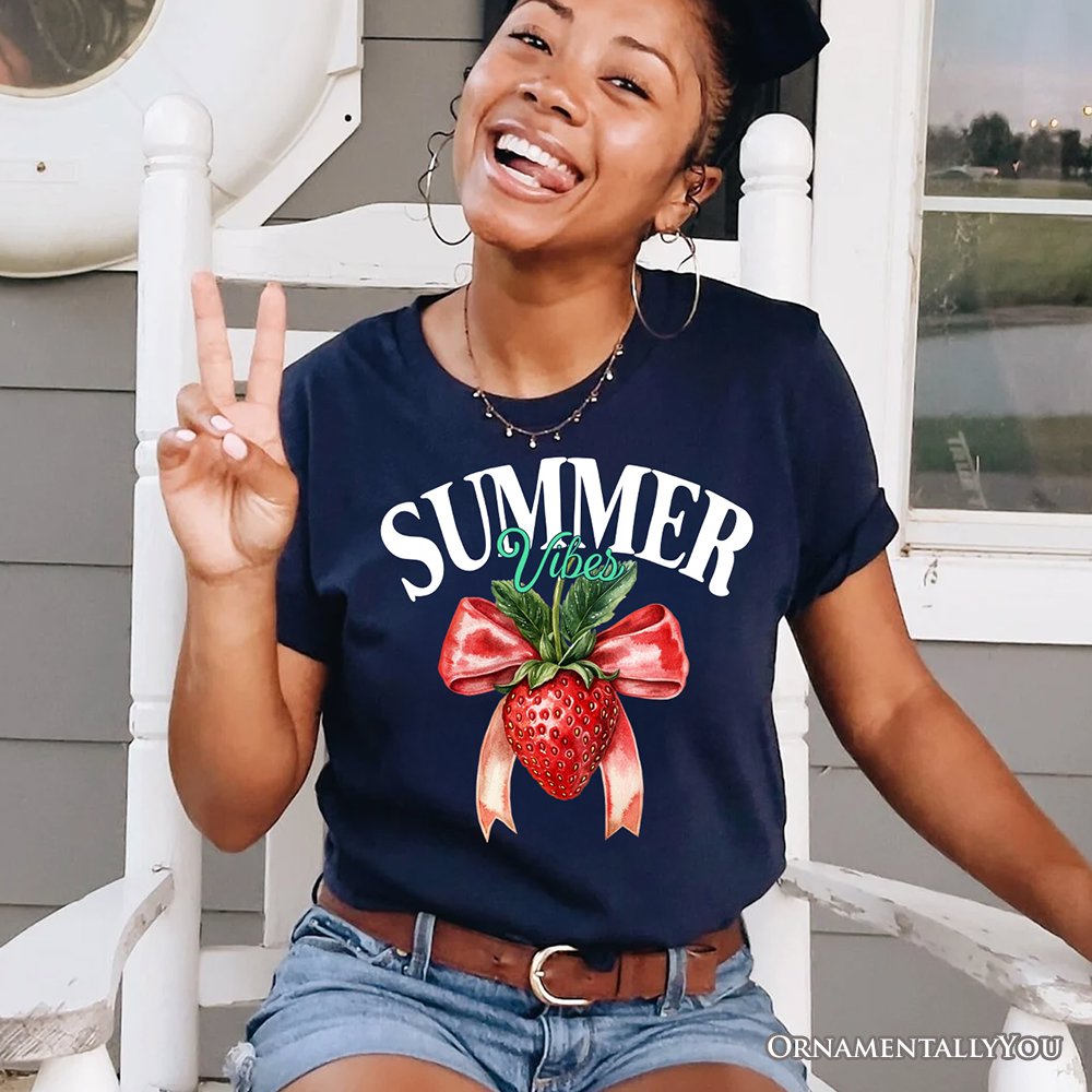 Summer Vibes Strawberry T-Shirt, White, Natural and Navy Seasonal Tee with Coquette Style