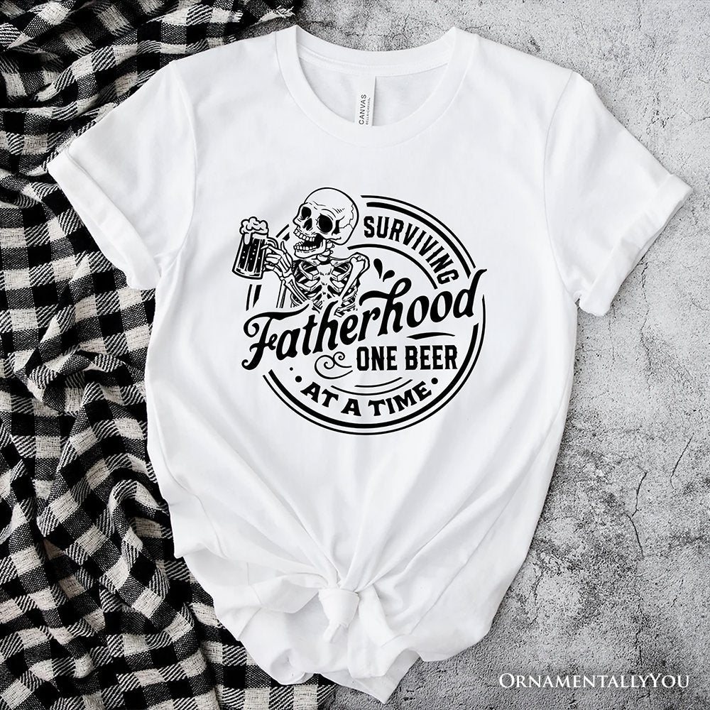 Surviving Fatherhood Skeleton Beer T-Shirt, White Vintage Tee for Tired and Hilarious Dads