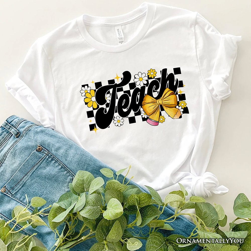 Teach Checkered Coquette Bow T-Shirt, White and Natural Retro Tee for Trendy Teachers