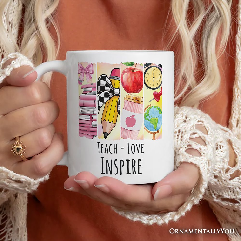 Teach Love Inspire Personalized Mug, Watercolor Teacher Gift with Custom Name