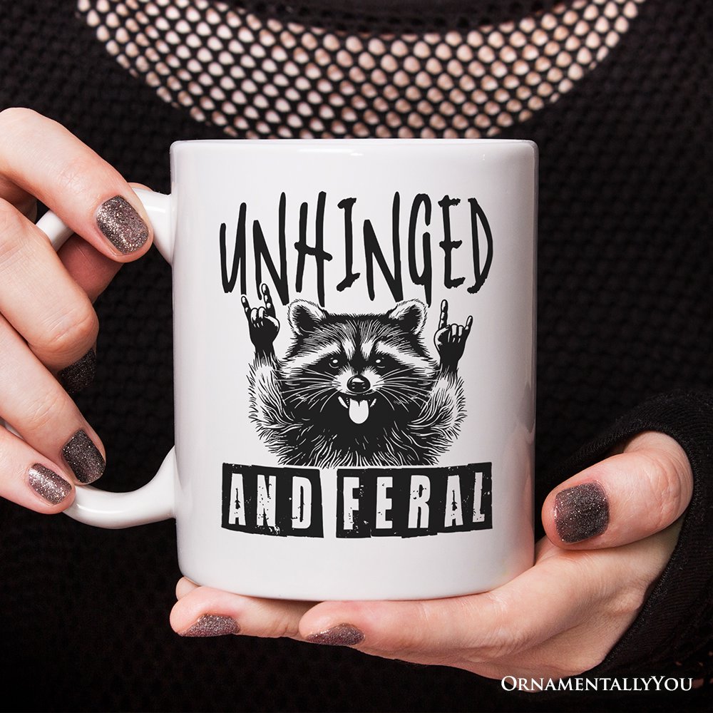 Unhinged and Feral Personalized Mug, Funny Raccoon Rock Hands Gift with Custom Name