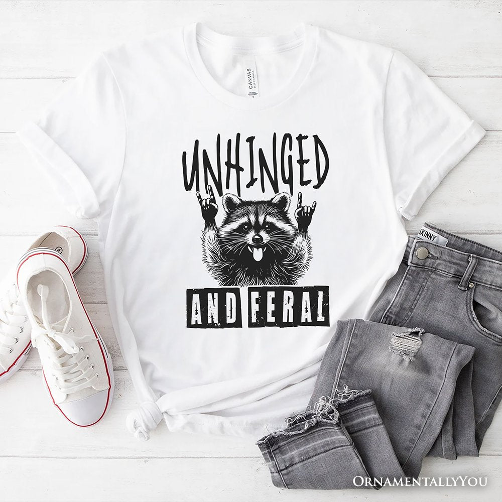 Unhinged and Feral Raccoon T-Shirt, Funny Rock Hands White and Natural Tee for Wild People
