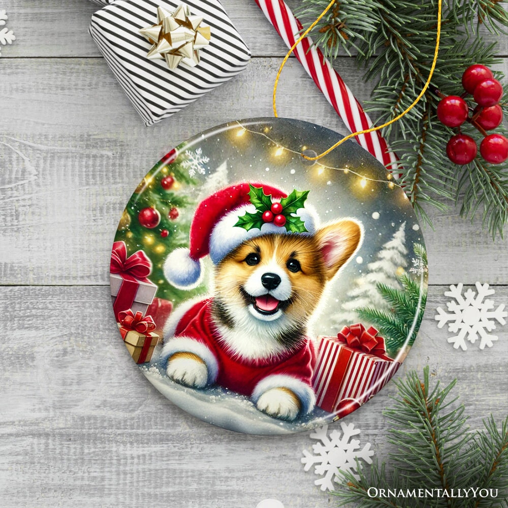 Adorable Welsh Corgi with Santa Hat Ornament, Jolly Christmas for Heartfelt Gift