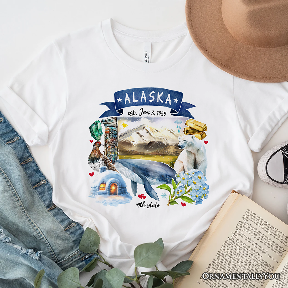 Artistic Alaska State Themes and Landmarks T-Shirt, Tee for History and Travel Lovers