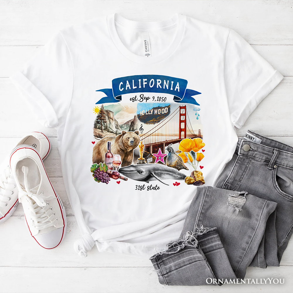 Artistic California State Themes and Landmarks T-Shirt, Tee for History and Travel Lovers