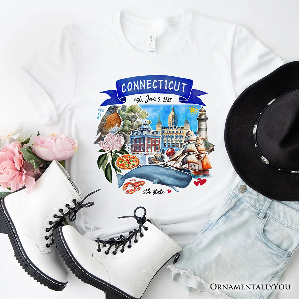 Artistic Connecticut State Themes and Landmarks T-Shirt, Tee for History and Travel Lovers