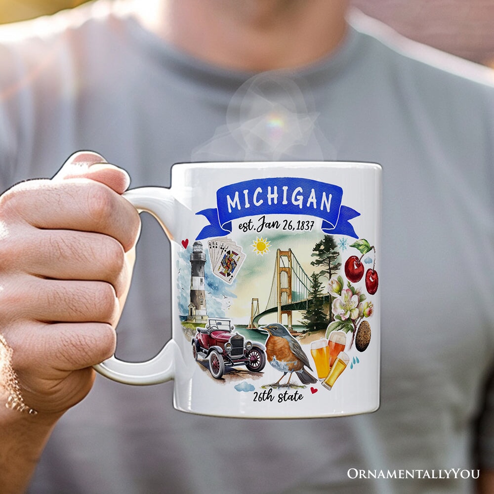 Artistic Michigan State Themes and Landmarks Personalized Mug With Custom Name