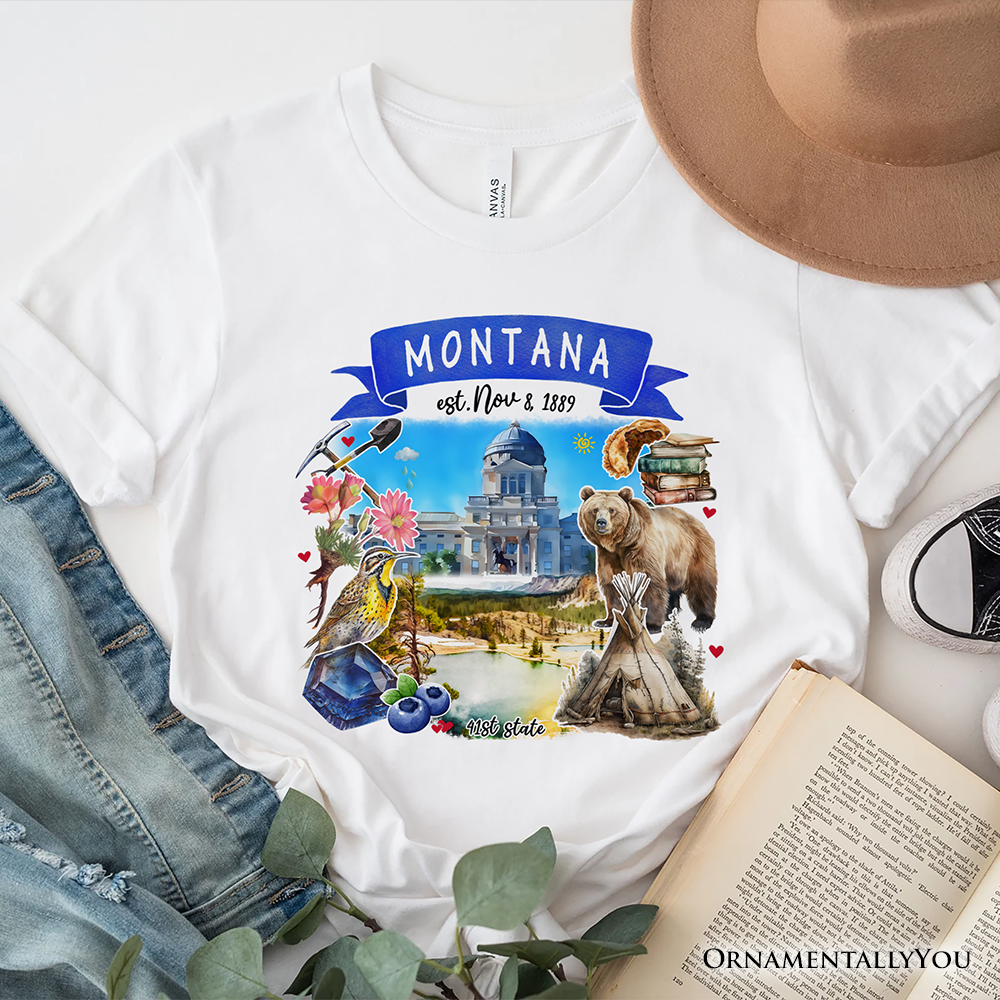 Artistic Montana State Themes and Landmarks T-Shirt, Tee for History and Travel Lovers